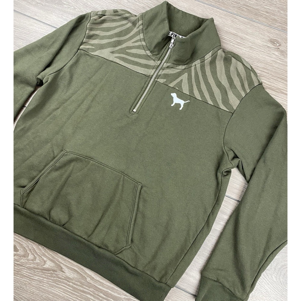 Victorias Secret Women's 1/4 Zip Zebra Stripe Shoulder Sweater Green Size Medium